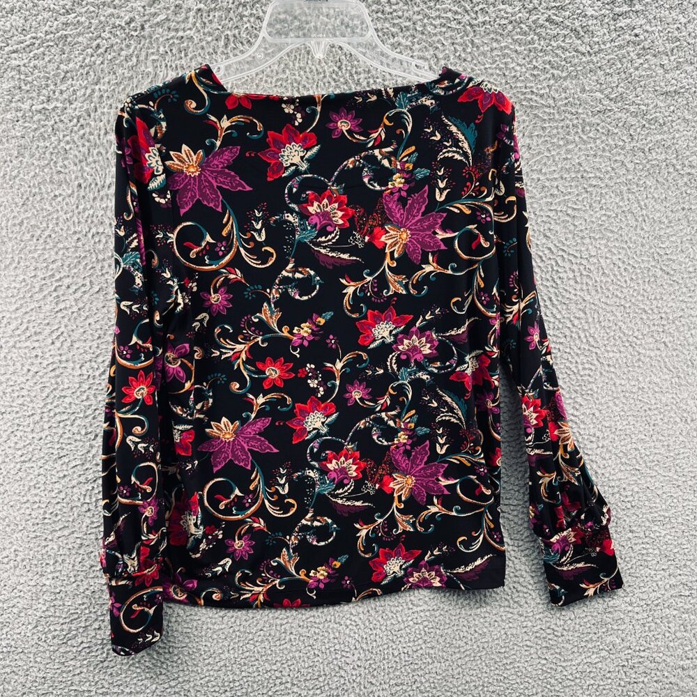 Elie Tahari Shirt Womens Medium Black Floral Long‎ Sleeve Stretch Blouse Top - Picture 2 of 10